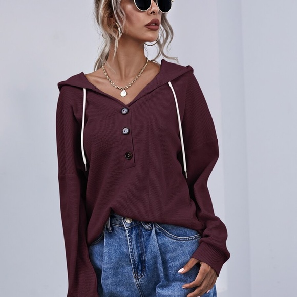 Button up oversized waffle long sleeve hoodie top - Picture 6 of 11